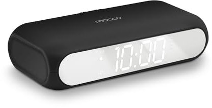 mooov 477353 - Reloj Despertador Digital con Espejo y Base de Carga inalámbrica, Cargador inalámbrico y con Cable, 2 alarmas, Negro