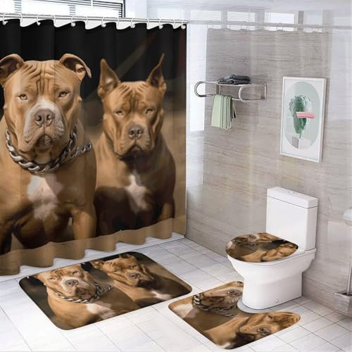 BWQMNT Pitbull Dogs 4-teiliges wasserdichtes und rutschfestes Badezimmer-Set: Duschvorhang-Set mit gemütlichem Korallen-Fleece-Teppich