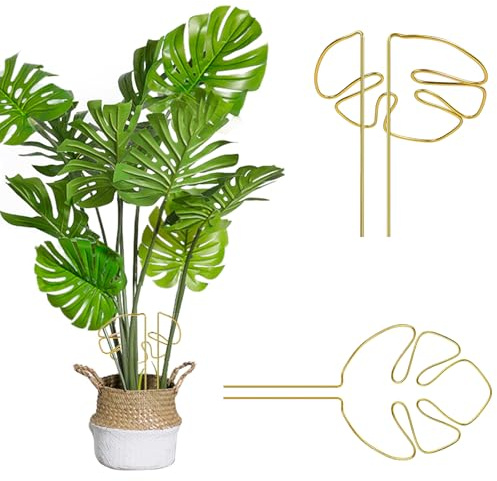 YELYTR 2 Stück Pflanzenstütze aus Aluminium mit Blattdesign, Zimmerpflanzen, Alocasia und Monstera Rankhilfe, ideal als Pflanzenwachstumszubehör für Außenpflanzen und Stammstützen (Gold)