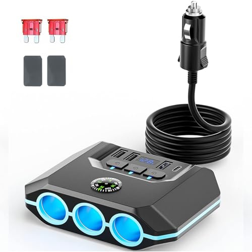 7-in-1 Car Cigarette Lighter Splitter Socket 12V USB Charger Adapter | 3 switched sockets with on/off, Smart IC 4 USB fast charge, 120W total output with 10A fuse, 3.3ft flexible cable