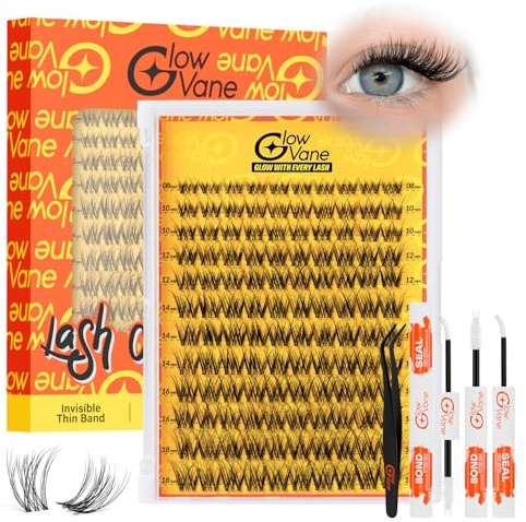 GlowVane Volumen lash, D-Curl Wimpern-Extensions, 120PCS, Wiederverwendbare Lash-Cluster-Set mit Wimpernkleber und Wimpernpinzette (Invisable D)