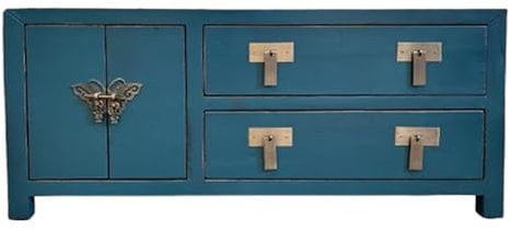 OPIUM OUTLET Meuble TV - Commode - Buffet bas - Meuble TV chinois asiatique oriental - Meuble entièrement monté - Bleu acier