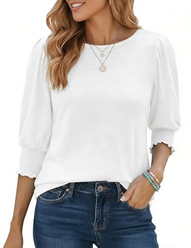 Aottori Womens 3/4 Sleeve Tops Crew Neck Summer Puff Sleeve T Shirts Plain | Lightweight stretch fabric, gathered puff detail, relaxed tunic length, easy work and weekend wear