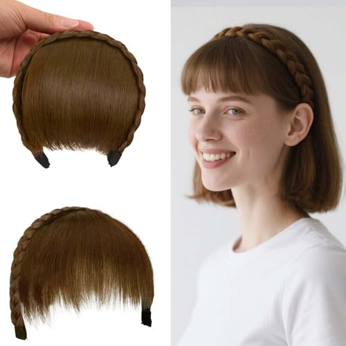 Haarreif mit Pony für Damen, Synthetische geflochtene Haarverlängerungen mit Pony – Hellbraun