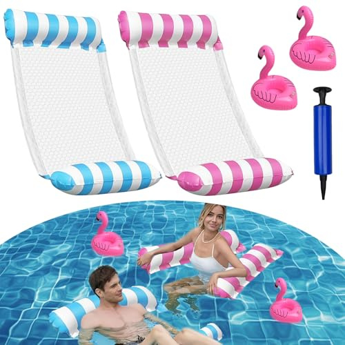 2 Stück Luftmatratze Pool 4-in-1 Wasserhängematte mit Netz | Aufblasbare Hängematte Pool mit 1 aufblasbarem Getränkehalter und Luftpumpe Poolzubehör für Erwachsene, Schwimmbad & Strand