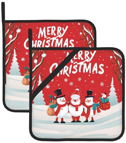 Merry Xmas Print Premium Pot Holders Sets â€“ Heat Resistant Kitchen Accessories With Hanging Design, 2pcs Dishwasher Safe Potholders For Cooking, Baking, Bbq