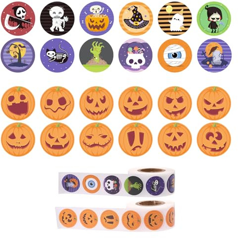 1000pcs Autocollants Halloween, 2 Rouleaux avec Motifs Citrouilles et Fantômes Étiquettes Rondes Autocollantes Idéal pour Décoration Fête Emballage de Pâtisserie et Artisanat