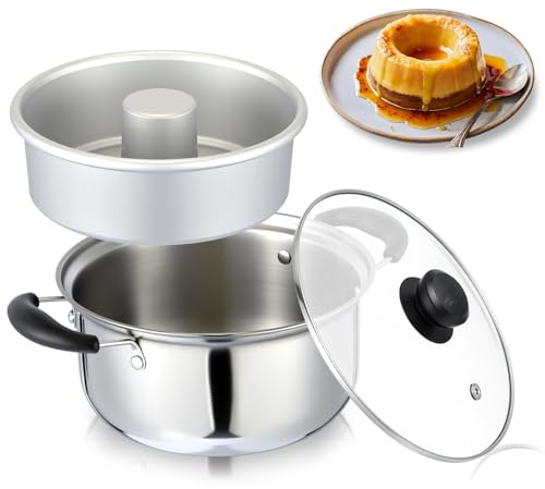 LemonRoad Thicken Stainless Steel Double Boiler with Aluminum Flan Inner Mold and Glass Lid for Making Ring Cake, Pudding, Melting Chocolate, Custards Baking Supplies(1.9 Qt)