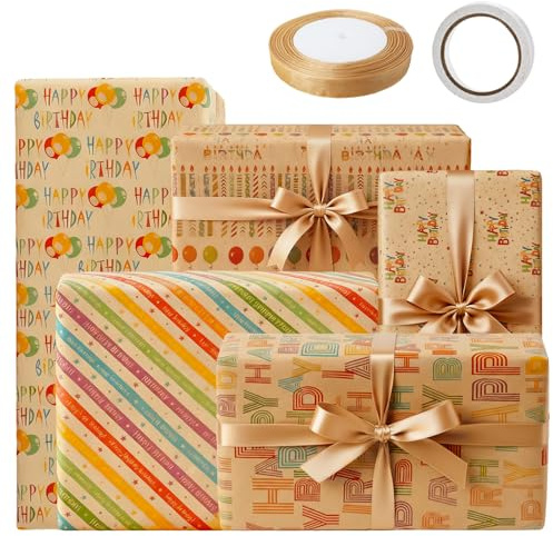 5er-Set Geschenkpapier Geburtstag Set 70x50cm Kraftpapier mit Doppelklebeband & Geschenkband Geschenkpapier HAPPY BIRTHDAY Gift Wrapping Paper Geschenke Verpacken für Geburtstag, Party, Feier