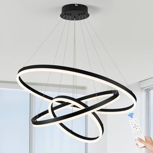 CATINER Moderner LED Rund Hängeleuchte Schwarz 3-Ring Esszimmer Pendelleuchten Dimmbar mit Fernbedienung LED Kronleuchter für Wohnzimmer Schlafzimmer Küche,40+60+80cm 65W