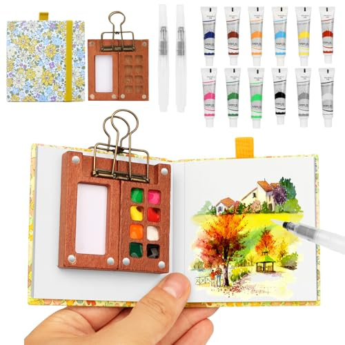 BLSFXROE Pocket Aquarell Set, Mini Aquarell Travel Set, Gelb | Mit Binder-Clips, Mini Aquarellkasten, Wood Pocket Artist Aquarell-reiseset, Skizzenbuch Palette Set 8 Grids