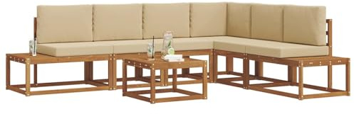 vidaXL Outdoor-Sofagarnitur mit Kissen 7 Stück Natur und Beige, Akazienholz Outdoor-Sofa-Set, Modulare Sitzmöbel für Garten, Stilvolle Terrasse Lounge, Wetterfestes Mobiliar