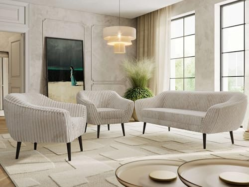 MKS MEBLE Sofagarnitur PIRS 3 + 1 + 1 - Couchgarnitur im skandinavischen Design, Gesteppte Polsterung, Wellenfederung, Wohnzimmer Sofa Set - Schwarze Beine, Beige Cord