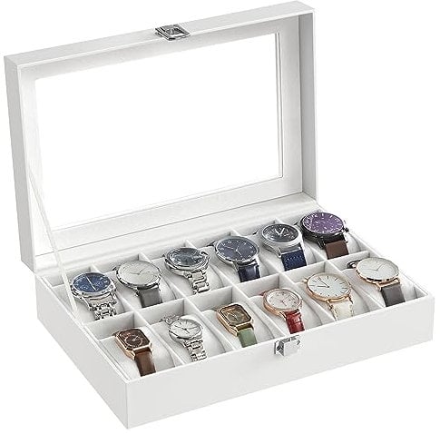 SONGMICS Uhrenbox mit 12 Fächern, Uhrenkasten, Glasdeckel, Uhrenkoffer mit herausnehmbaren Uhrenkissen, Premium-Uhrenschatulle, PU-Bezug in Weiß, Samtfutter in Weiß JWB202
