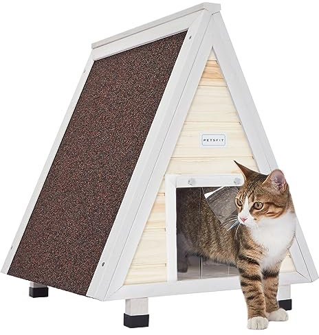 Petsfit Katzenhütte Outdoor mit Fluchttür Katzenhöhle Katzenhaus Holz Wetterfest aus Spießtannenholz, Holz Natur