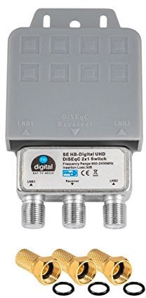 1x DiseqC Schalter Switch 2/1 mit Wetterschutzgehäuse HB-DIGITAL 2X SAT LNB 1 x Teilnehmer/Receiver für Full HDTV 3D 4K UHD + 3 x Vergoldete F-Stecker Vergoldet