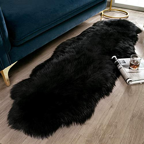Ashler Kunstfellteppich, flauschiger zotteliger Teppich, ultraweich, 7.6x1.8 m, Schaffell-Fellteppich, schwarz, flauschiger Teppich, maschinenwaschbar, Zottelteppich, Kinderzimmer, Wohnzimmer