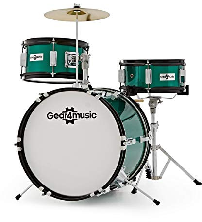 Junior 3 Piece Drum Kit by Gear4music, Green | For Younger Beginners Ages 5-10, Three-Piece Kit with Snare, Bass Drum and Cymbal, Quick to Set Up, Stool Included