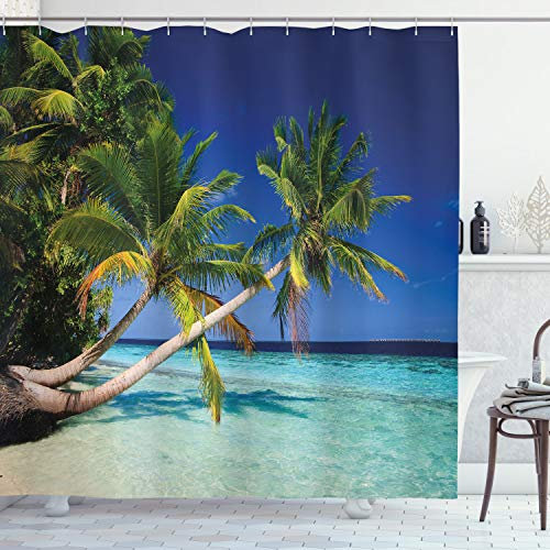ABAKUHAUS Landschaft Duschvorhang, Tropic Island Palms, Stoffliches Gewebe Badezimmerdekorationsset mit Haken, 175 x 240 cm, Grün Aqua Blau