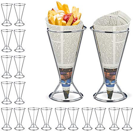 Relaxdays 20x Porta Patatine Fritte, Acciaio Inox, per Coni di Carta con Fritti e Verdure, HD 16 x 9,5 cm, Argento