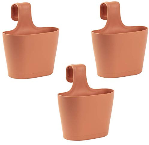 ENGELLAND 3 x Blumentopf zum Auf-Hängen, Geländertopf, Rotbraun, Hängetopf, Balkon-Kasten, oval, Übertopf, Pflanzkasten, mit Wasserspeicher/Wasserauffangschale, 2,8 Liter