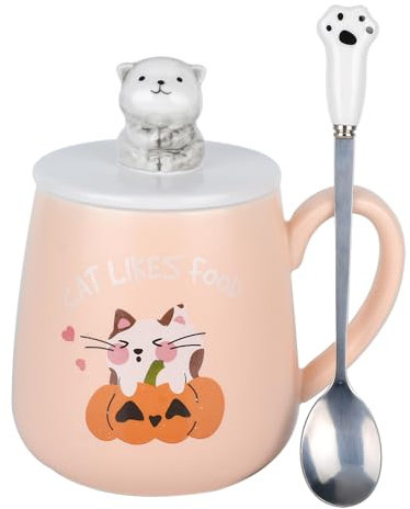 Cadeau Femme Mug chat, Tasse mignonne à thé en céramique avec couvercle et cuillère, Halloween Noël date d'anniversaire pour Femmes Filles amoureux des chats 380ml