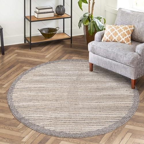 carpet city Teppich Wohnzimmer Mocca - 120x120 cm Rund - Scandi-Stil Gestreift Meliert - Kurzflor Teppiche Modern - Tricolor Soft&Weich - Flachflor Schlafzimmer