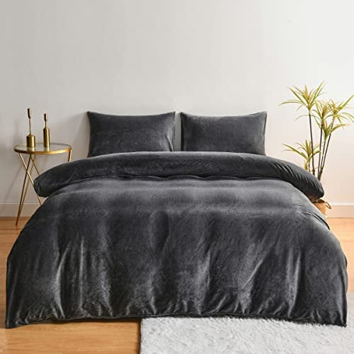 Chanyuan Winter Bettwäsche 135x200cm Cashmere Touch Grau Dunkelgrau Flauschig Bettbezug 2 Teilig Kuschelig Warm Plüsch Flanell Bettwäsche Set mit Kissenbezug 80x80cm
