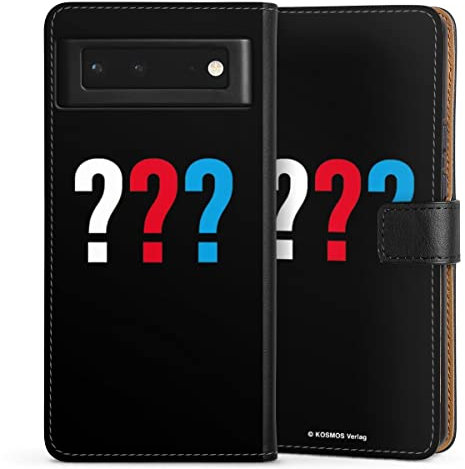 Klapphülle kompatibel mit Google Pixel 6 Handyhülle aus Kunst Leder schwarz Flip Case Die DREI ??? Logo Offizielles Lizenzprodukt