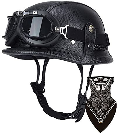 Deutsche Leder Motorrad Halbhelme Retro Halbschalenhelm JetHelm mit Visier Schnellverschluss Schnalle für Cruiser Chopper Biker Moped DOT/ECE-Zulassung