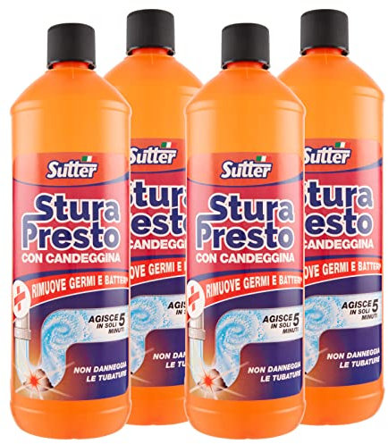 4x Sutter Stura Presto Disgorgante Gel con Candeggina per Scarichi Lavandini e Vasche da Bagno - 4 Flaconi da 1 Litro ognuno