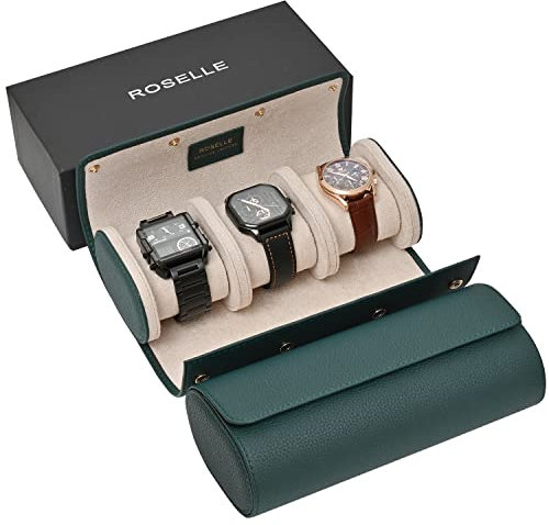 ROSELLE Uhrenrollen-Reiseetui aus echtem Leder – Uhrenrollen-Etui für 3 Uhren mit luxuriösem Futter – Schützen, Reisen, Aufbewahren und Präsentieren feiner Uhren (3 Schlitze, grün-echtes Leder)
