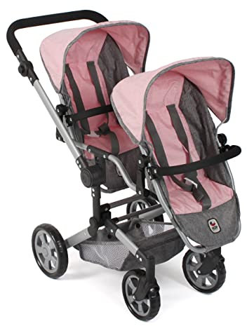 Bayer Chic 2000 - Puppenwagen Linus Duo, Zwillingspuppenwagen für Kinder von 4 bis 8 Jahren, Melange grau, rosa, 690-15