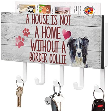 A House is Not A Home Without A Border Collie Key Holder Wall Mount Key Shelf Pet Rules Self Adhesive Key Organizer Rustic Letter Holder Decoration for Entryway Hallway Kitchen Office 7x4 inch