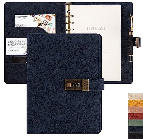 Vintage 6 Ringe Binder Journal Notizbuch mit Schloss, A5 Hardcover Blume geheimes Passwort Tagebuch, nachfüllbares liniertes Schreibpapier für Frauen (Dunkelblau)