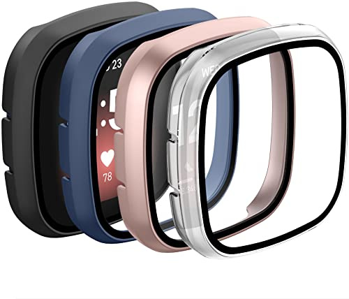 AMCC Cases compatible with Fitbit Sense/Fitbit Versa 3 Screen Protector, Hard PC Plated Full Coverage Screen Bumper Full Sensitive Cover (Black+Rose gold+Navy blue+Clear)