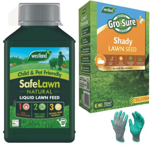Safe Lawn Feed Seed Bundle with Westland Safe Liquid Feed 1L & Shady Lawn Seed 10 m2, 300g & 1 pr Gardening Gloves Medium - Lush Green Grass, Child & Pet Friendly