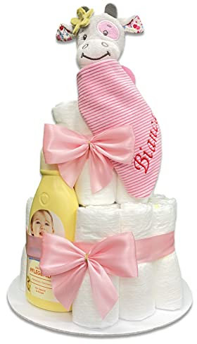 Windeltorte für Mädchen, rosa, niedlich, mit Babyhalstuch, mit Namen personalisierbar, Geschenk zur Geburt