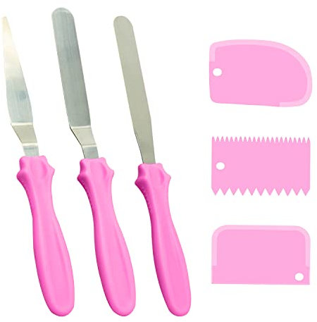 3 Stück Edelstahl Glasurspatel und 3 Stück Kunststoff Kuchen Schaber Rutschfester Griff Küchenhelfer Set Kuchendekoration Gadget Buttercreme Streicher (Rosa)