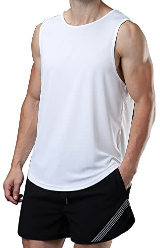 meioro Herren Mesh Tank Top, Schnell Trocknende Atmungsaktives Tanktop Muscle Activewear Tops, Sport Rundhals T-Shirt Männer Sommer Gym Workout Weste Atmungsaktives Training Shirt(Weiß,XL)