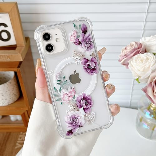 DEFBSC Magnetic Case for iPhone 11 [Compatible with Magsafe], Clear Floral Flower Print Design Flexible Acrylic Bumper Protective Shockproof Case for iPhone 11 - Purple Peony