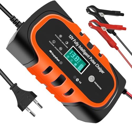 Carica Batteria per Auto, 10A/12V Multi Protezioni Caricabatterie Auto di Carica, Mantenitore Batteria Moto con Schermo LCD per Auto, Moto, ATV, Camper, Powersports