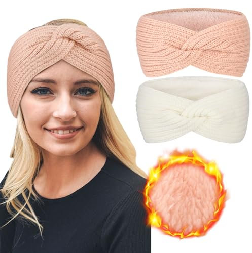 DRESHOW Femmes Chaud Tricoté Bandeau Hiver Oreille Plus Chaud Crochet Tête Enveloppe épais Polaire Doublure Cheveux Bandes, Taille unique, 2pcs Cross Style Set-07UK