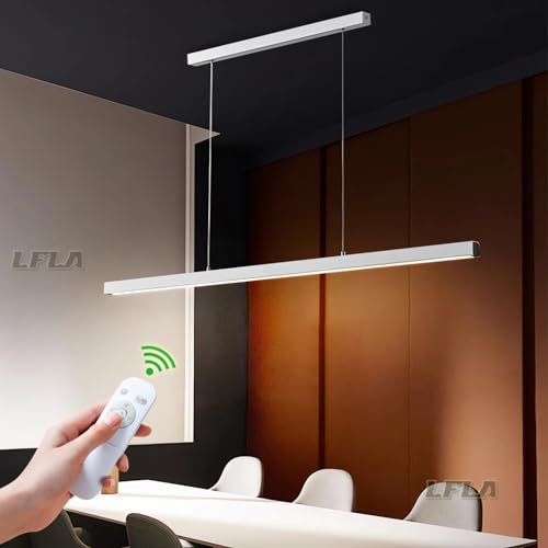 LFLA 120cm Dimmbar LED Pendelleuchte Weiß Kücheninsel Moderne Lineare Esstisch Hängeleuchte mit Fernbedienung Pooltisch-Inselleuchte höhenverstellbar Holzleuchte Kronleuchter für Esszimmer Bürolampe