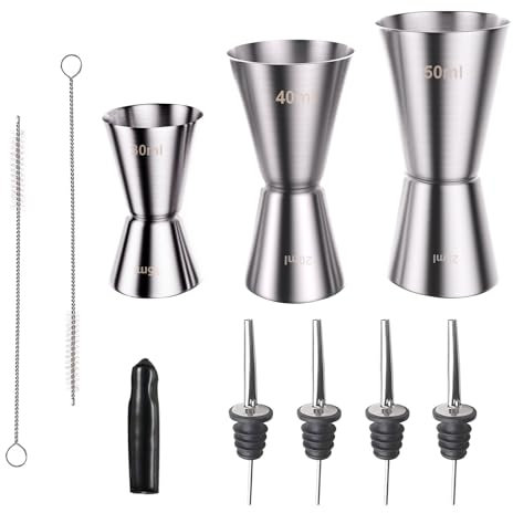 AIVORO 3 vasos medidores de barra, 3 cl/4 cl/5 cl, vasos medidores de acero inoxidable para cócteles, jigger con escala interior (30/15 ml, 40/20 ml, 50/25 ml), 4 vertedores para licores, 2 cepillos