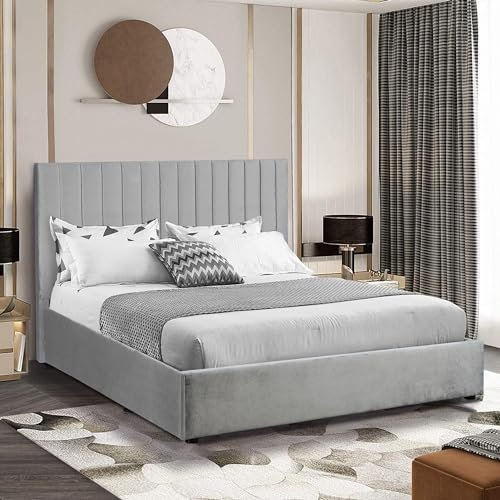 Ottoman Small Double Bed Frame with Mattress, Upholstered Gas Lift Up Bed Frame with Storage, Ottoman Storage Bed with Gas Lift Wooden Slats, (4ft Grey Small Double, Mattress Included)