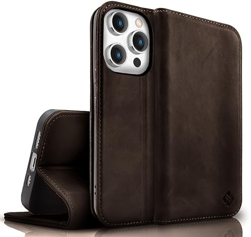 NALIA Echt-Leder Flipcase kompatibel mit iPhone 15 Pro Hülle, Rindsleder Schutzhülle Handgefertigt Lederhülle RFID-Schutz, Standfunktion Kartenfächer Klappbar, Klapphülle, Farbe:Dunkel-Braun
