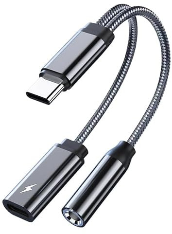 Adaptateur Casque USB C vers Jack 3.5mm, Adaptateur 2 en 1 Prise USB C 3,5 mm et Chargeur, Adaptateur USB Type C Audio avec DAC pour Pad Pro Samsung Galaxy S23/S22 Ultra,Pixel Huawei(1 pièces/Gris)