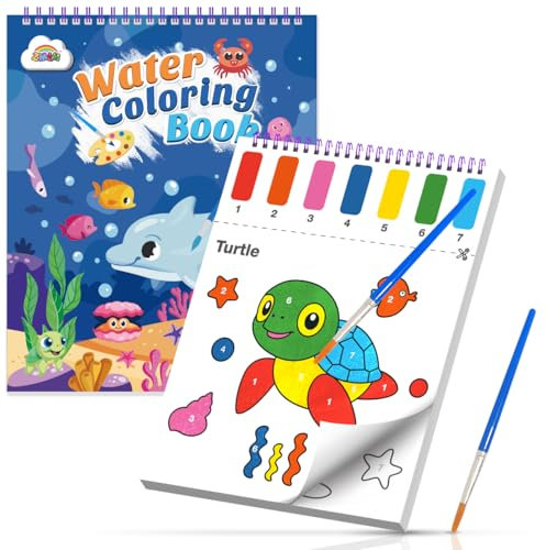 ZMLM Peinture avec Livres d'Eau pour Tout-Petits avec Pinceau, Feutres Coloriage Kits de Loisirs Créatifs, Activites Manuelles Papier de Peinture Aquarelle Enfants 3 4 5 6 7 8 Ans - Animaux Marins