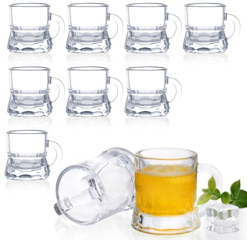 Futtumy 1 OZ Mini Beer Mug Shot Glasses With Handles for Freezer, Men, Women, Father, Dad - Party, Birthday, Christmas Festival (10 PCS, Glass)